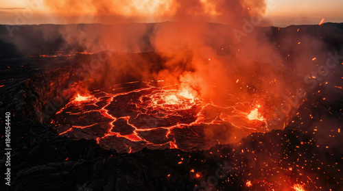 Active lava lake inside volcanic crater with glowing molten rock, smoke and sparks, dramatic geology and natural power. generative AI