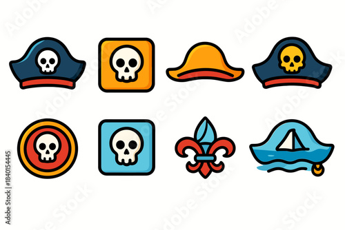 Pirate flat icon set. Skull, hat, adventure icons flat collection