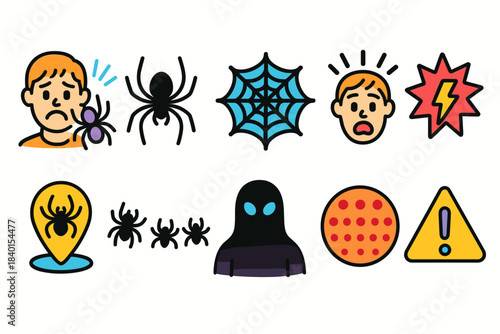Phobia and warning flat icon set. Fear, alert, hazard symbols flat collection