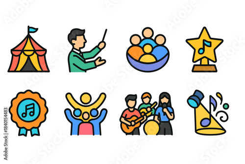 Music festival flat icon set. Concert, awards, and event icons flat collection.