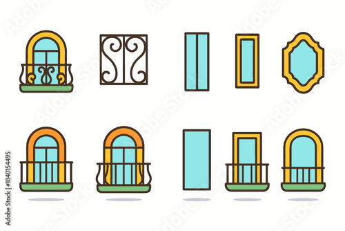 Balcony and window flat icon set. Architectural exteriors flat icon collection.