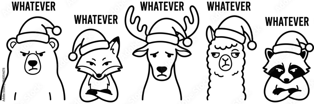 Fototapeta premium Funny anti-Christmas concept with grumpy animals wearing Santa hats saying whatever including bear fox deer llama and raccoon black vector art