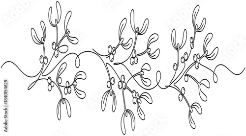 Continuous line drawing of mistletoe branch with berries and leaves for Christmas holiday decoration in black and white vector style