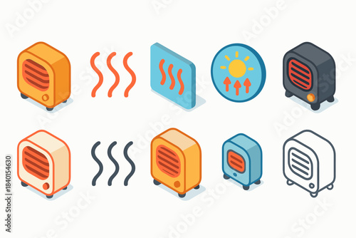 Heating appliance icon set. 3D heater, radiator, warm air icons collection