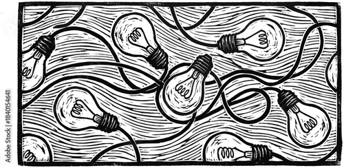 Vintage woodcut style illustration of glowing light bulbs connected by wires in a decorative pattern design on white