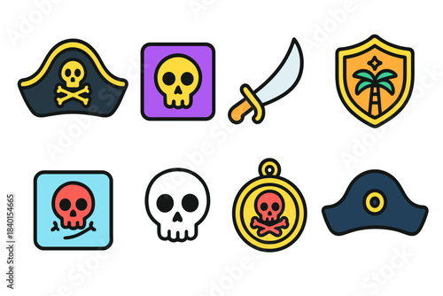 Pirate adventure flat icon set. Skulls, swords, shields for fun, adventure themes