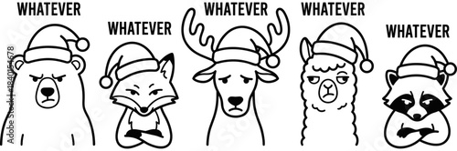 Funny anti-Christmas concept with grumpy animals wearing Santa hats saying whatever including bear fox deer llama and raccoon black vector art