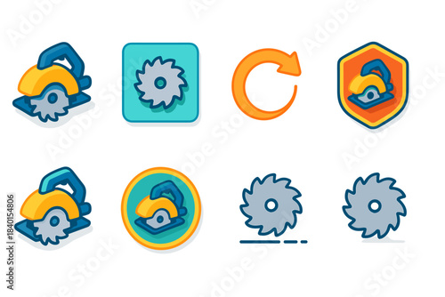 Circular saw flat icon set. Construction, woodworking tools flat illustrations.
