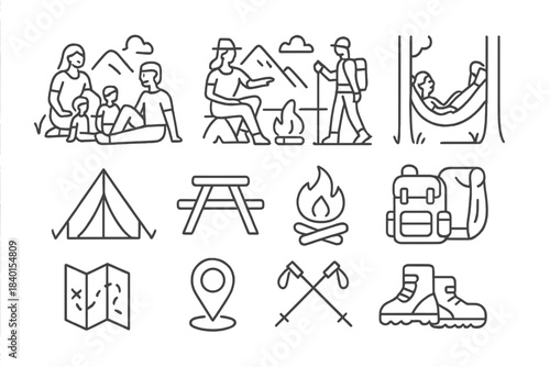 Outdoor adventure and camping essentials set for hiking and nature activities