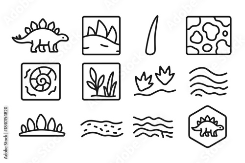 Dinosaur theme outline icon set. Prehistoric, fossil, jurassic, nature symbols collection