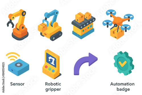 Industrial automation 3d icon set. Robotics, manufacturing icons 3d collection