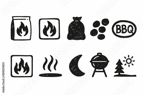 Barbecue and grill doodle icon set. Outdoor cooking, bbq, picnic icons in line style
