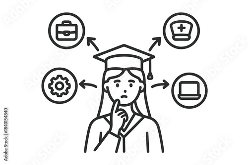Recent graduate contemplating future career options with icons for business, technology, and healthcare