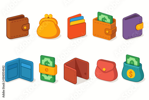 Wallet and money flat icon set. Finance, currency symbols for banking and spending