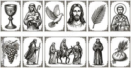 Elegant female silhouettes posing in decorative circular frames, fashion logo set featuring nature, waves, and celestial star designs, vector illustration.