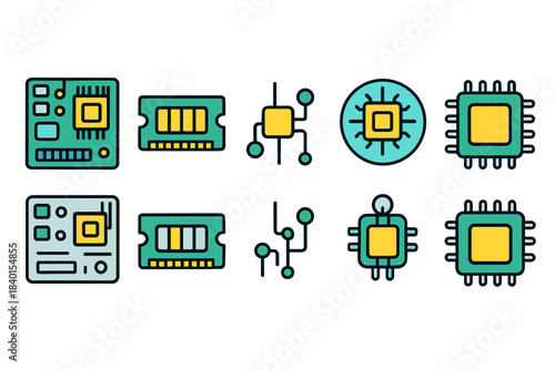 Technology, circuit board flat icon set. Chip, microprocessor, electronics icons collection