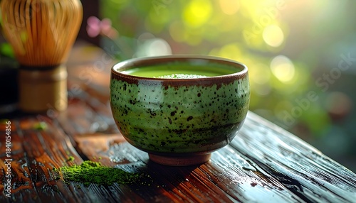 Matcha tea in speckled green bowl on wet dark wood table with a whisk. Serene, healthy vibe with bokeh background