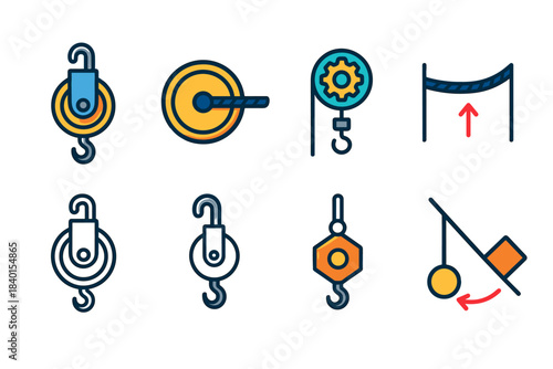 Crane, lifting equipment flat icon set. Construction mechanisms, pulley icons collection