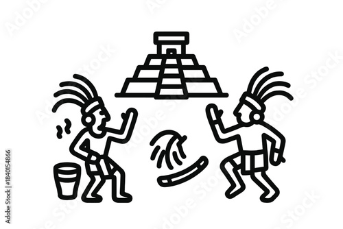 Traditional indigenous dancers performing ritual before ancient stepped pyramid structure