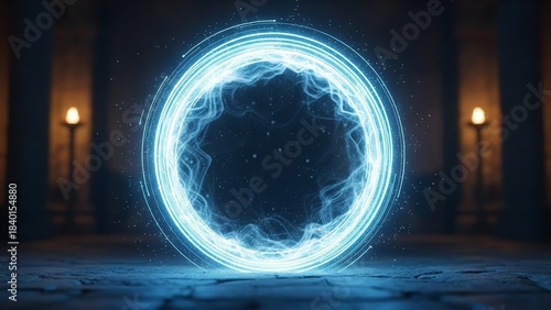Bright blue glowing energy portal hovers above ancient stone floor in dark mysterious temple setting