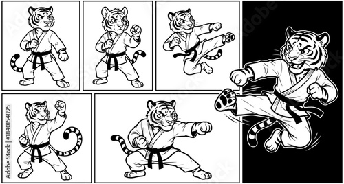 Set of cute tiger mascot characters in martial arts uniform practicing karate poses, black and white line art vector illustration