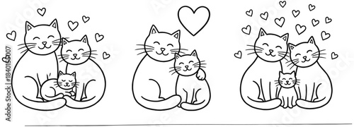 Romantic gay couple wedding illustration set, two men in suits holding hands and hugging with heart decorations, black and white vector.