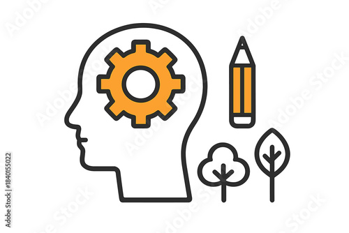 Human head profile with internal gear mechanism, pencil, and leaf symbolizing creative thinking and design process