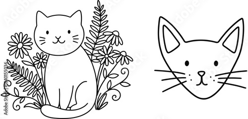 Adorable hand drawn cat line art set featuring a sitting kitten with floral bouquet and a simple minimalist cat face