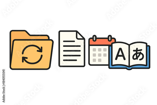 Digital icons set for organization: folder, document, calendar, and language book symbols