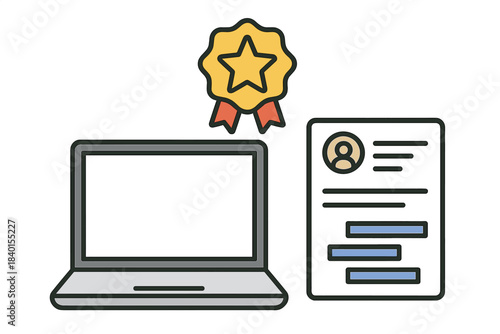 Professional achievement concept with a laptop, resume document, and golden star award ribbon