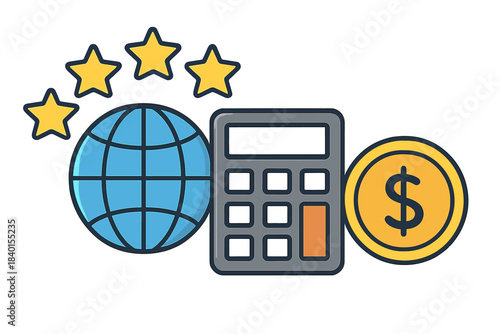 International business rating calculation with globe, stars, calculator, and dollar coin symbol