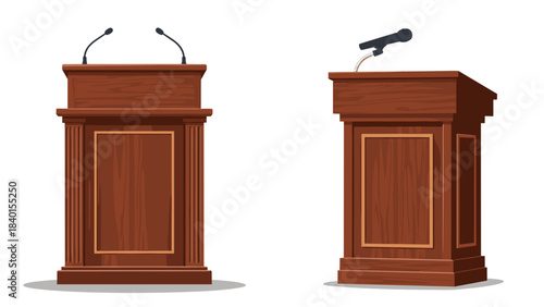 Two wooden podiums with microphones