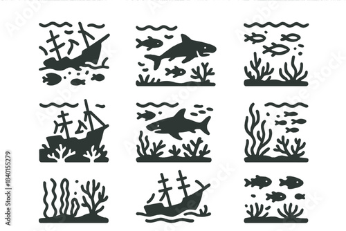 Dark silhouette icons of underwater life, marine animals, and sunken shipwrecks