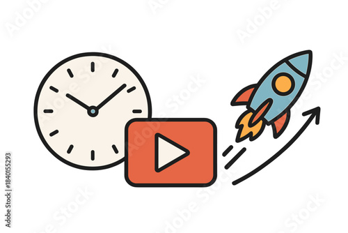 Clock, video play button, and rocket launching upward for fast content creation and rapid growth