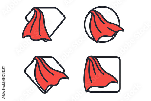 Collection of red flowing superhero cape symbols inside various geometric shapes