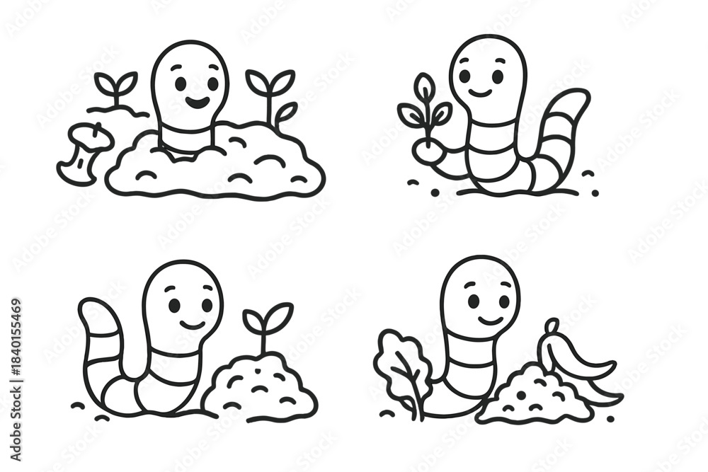 Fototapeta premium Adorable cartoon earthworms emerging from soil with sprouts and organic waste promoting composting
