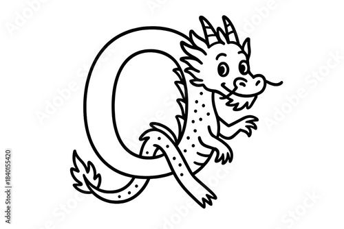 Cute mythological Chinese dragon coiled in a circle simple line art design for coloring