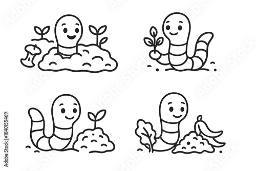 Adorable cartoon earthworms emerging from soil with sprouts and organic waste promoting composting