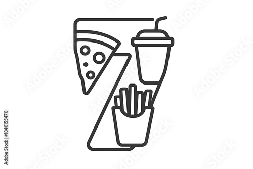 Black and white line art of fast food items creatively arranged to form the seven