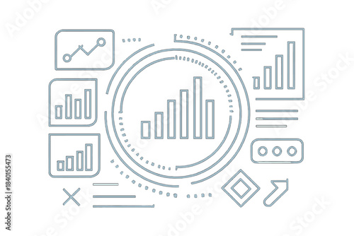 Abstract technological background with data graphs and circular interface components for business analysis
