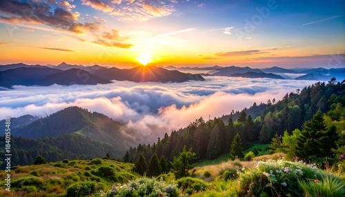 Mountain peaks pierce through a sea of clouds, kissed by the glow of a vibrant sunrise, verdant hills in foreground