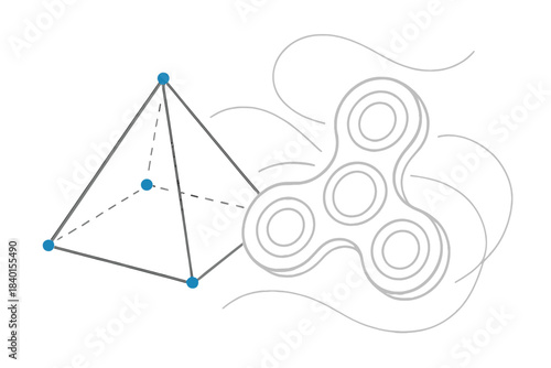 Conceptual design featuring a geometric pyramid structure and a stylized outline of a fidget spinner
