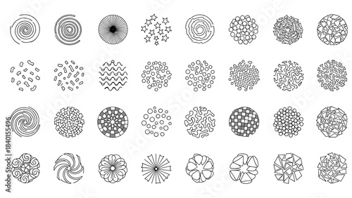 Collection of abstract circular patterns in black and white