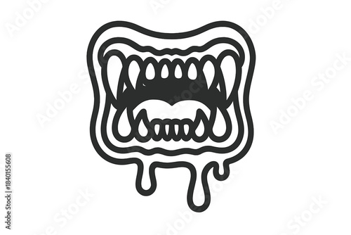 Stylized open monster mouth with sharp fangs and dripping saliva graphic element