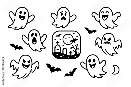 Spooky and cute Halloween ghost characters set with different expressions and flying bats