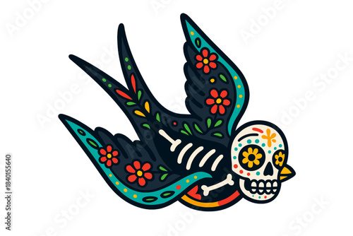 Traditional tattoo style swallow bird with sugar skull head and colorful floral decoration