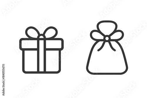 Minimalist outline icons featuring wrapped gift box and tied sack symbolizing holiday presents and surprises