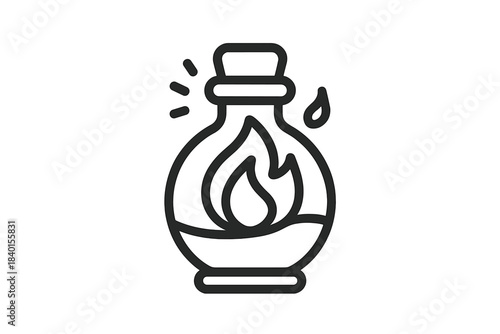 Outline drawing of a magical potion bottle containing a burning flame or fiery liquid