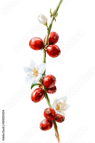 Coffee plant branch displaying vibrant red cherries and fresh white flowers, a detailed botanical watercolor drawing