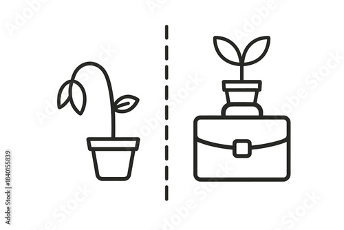 Comparison of business failure and success symbolized by plants and a briefcase